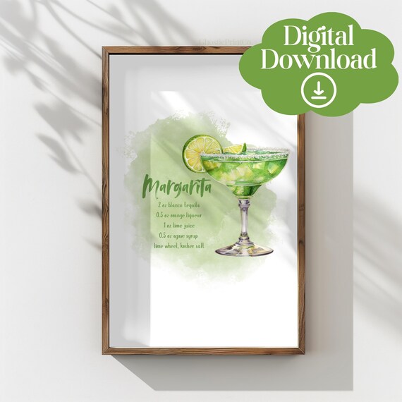 Margarita Classic Cocktail Recipe Watercolor Tequila Lime Home Bar Poster