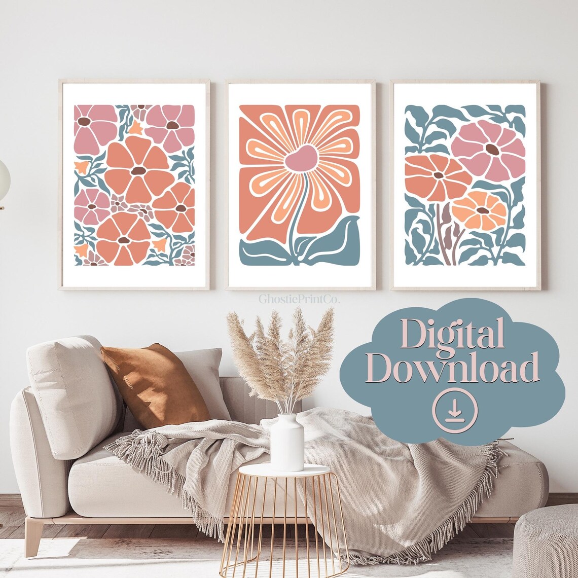 Boho Abstract Flowers Print Set Of 3, Floral Poster