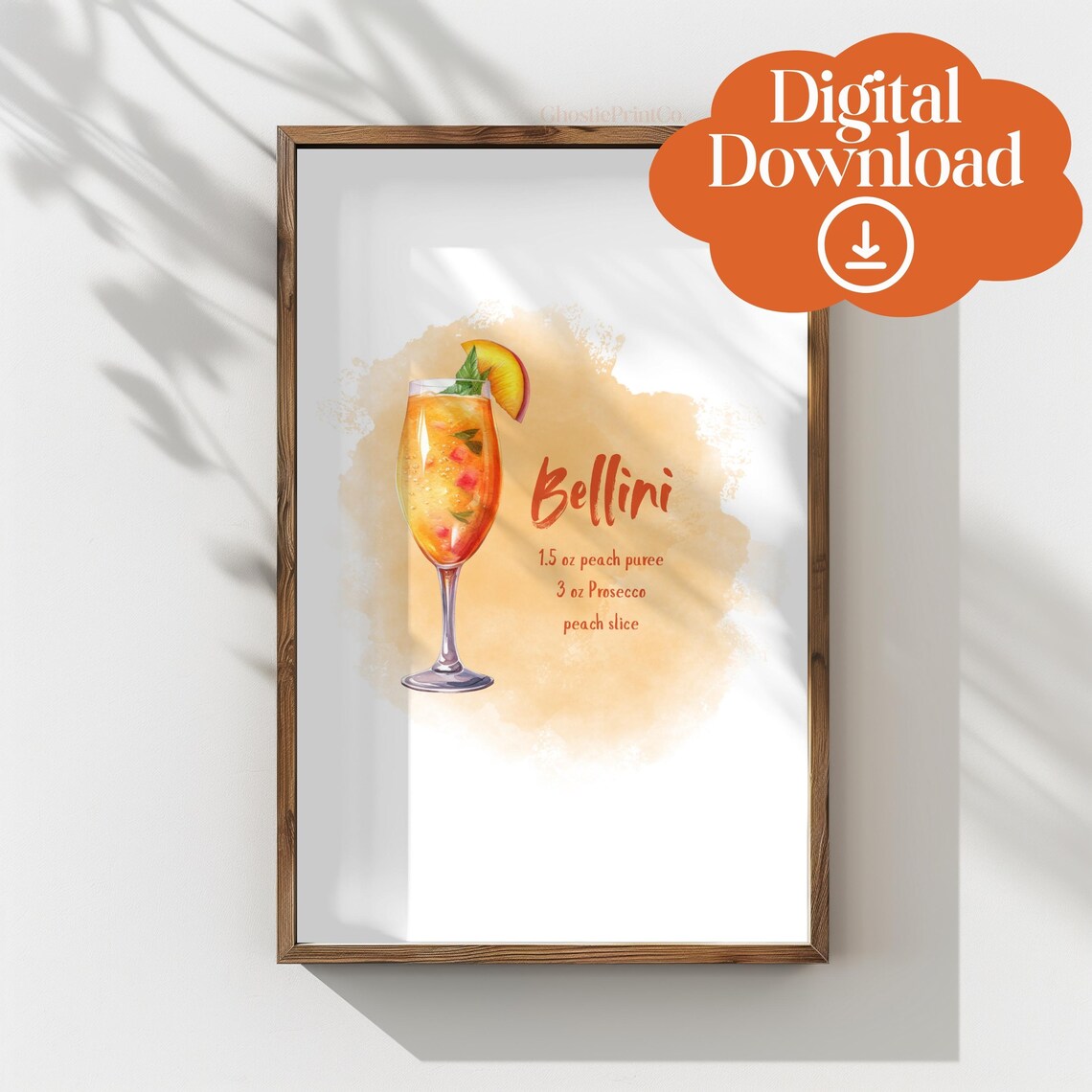 Bellini Cocktail Recipe Watercolor Home Bar Kitchen Wall Decor Art Poster