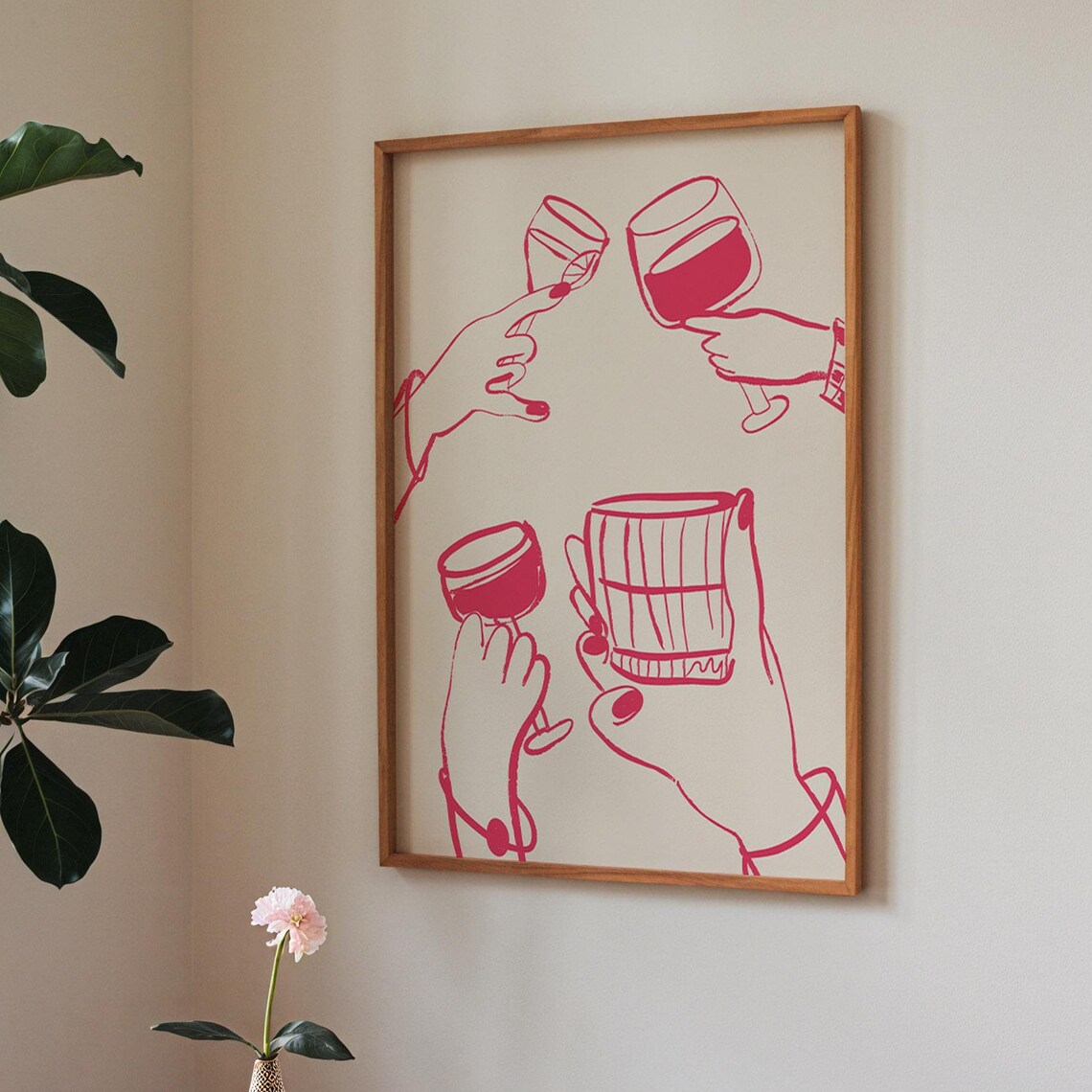 Pink Wine Glasses Toast Line Drawing Bar Cart Kitchen Decor Poster - Image 5