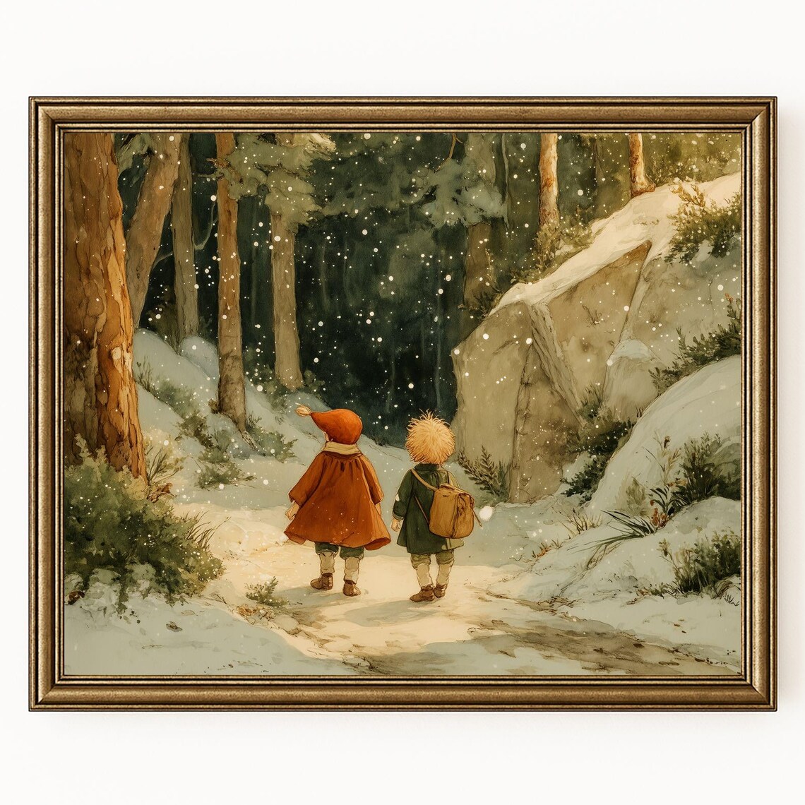 Two Children Walking Through Snowy Winter Forest Watercolor Poster