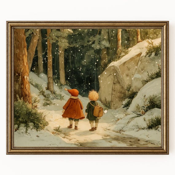 Winter Forest Children Walking On Snowy Path Holiday Vintage Glowing Snowflakes