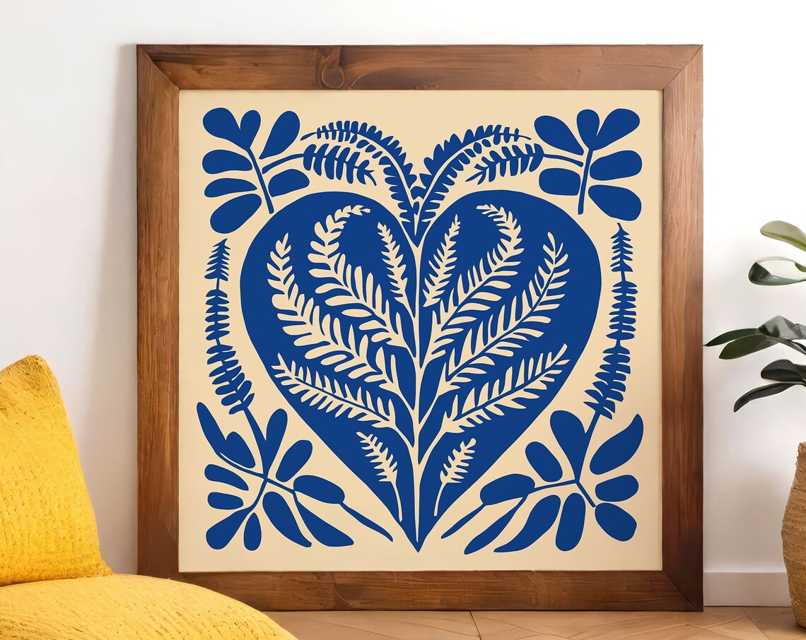 Cobalt Blue Botanical Heart Folk Art Boho Square Floral Wall Art