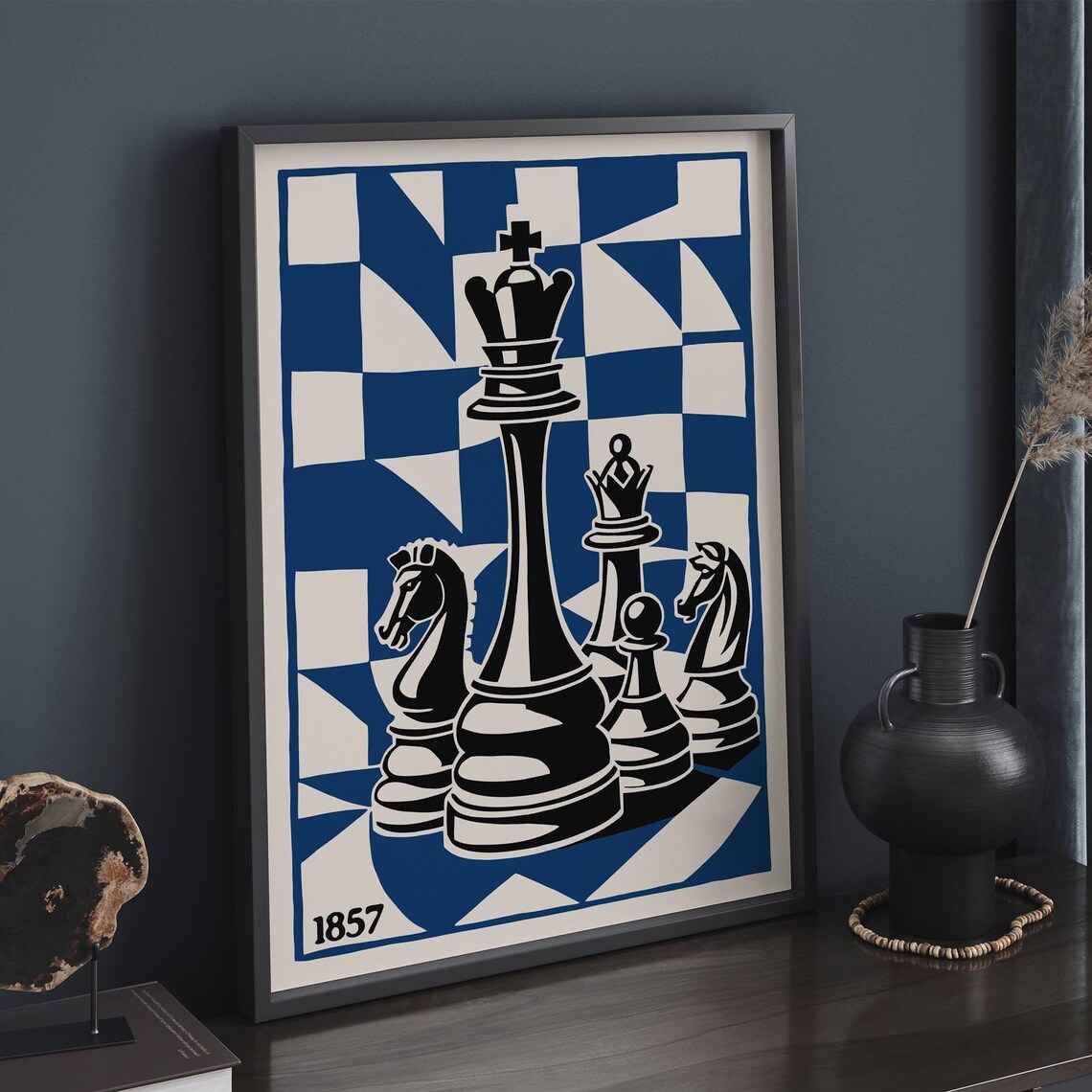 1857 Blue Chess Pieces King Queen Knights Retro Game Art Poster