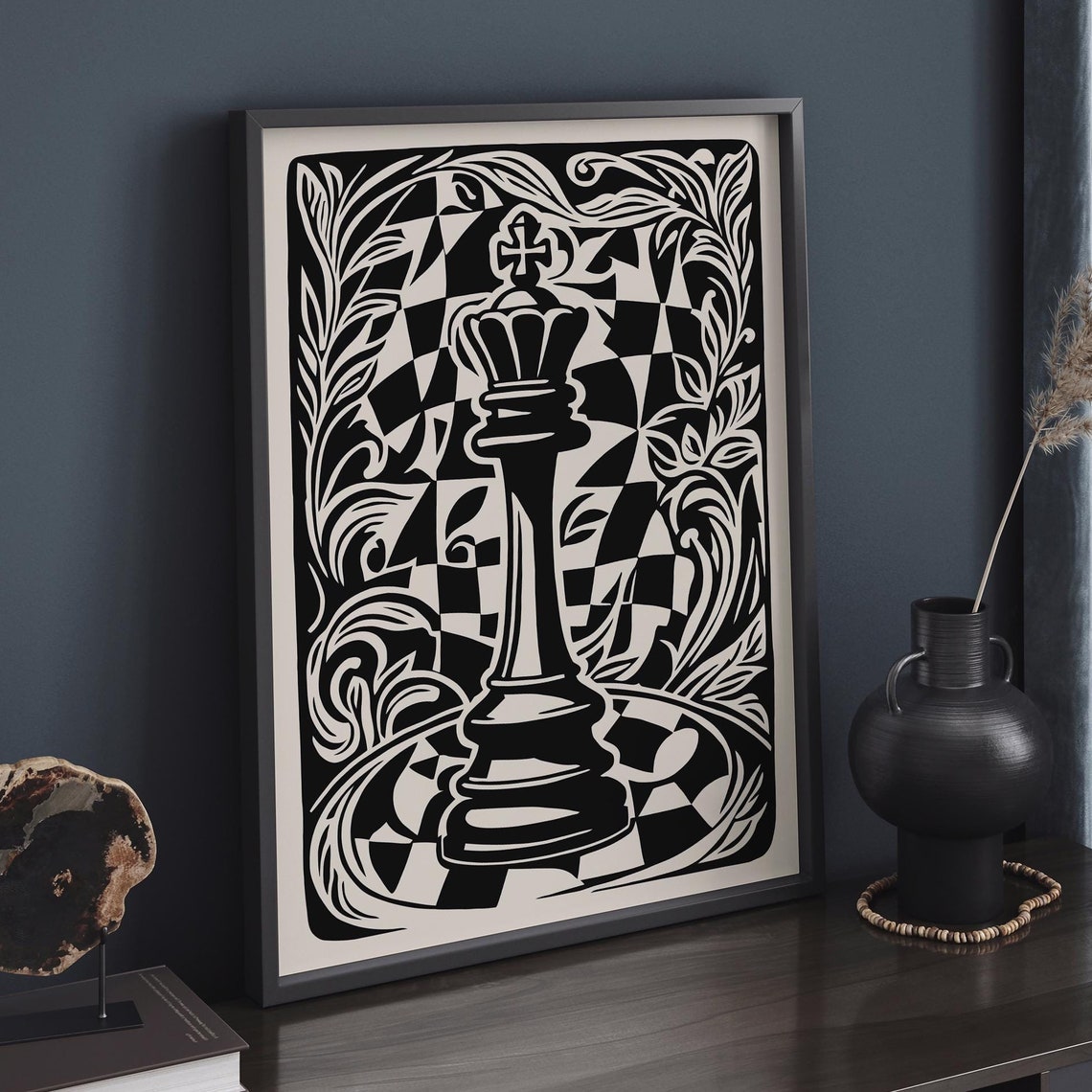 Black and White Chess King Piece Retro Checkered Game Poster