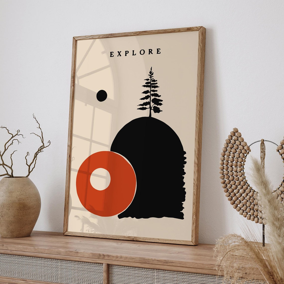 Explore Minimalist Travel Poster Scene with Red Sun and Pine Tree
