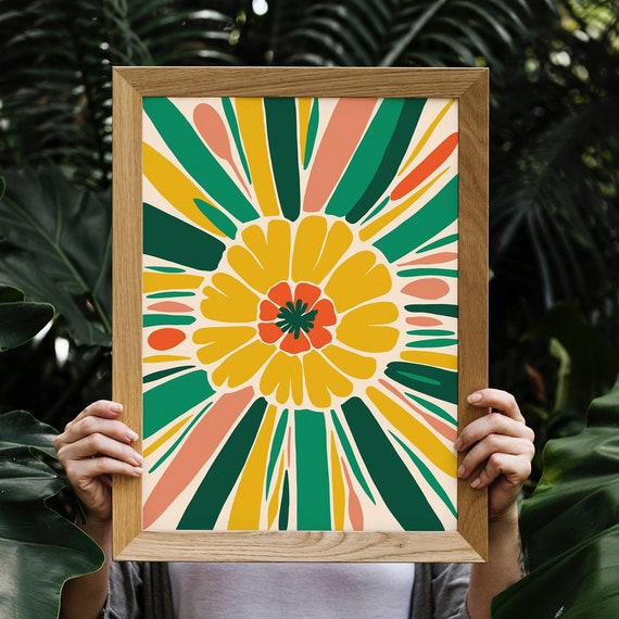 Abstract Botanical 70s Print Retro Colorful Wall Art Bold Floral Sun Poster Kids Room Decor Bohemian Illustration 24x36 18x24 16x20