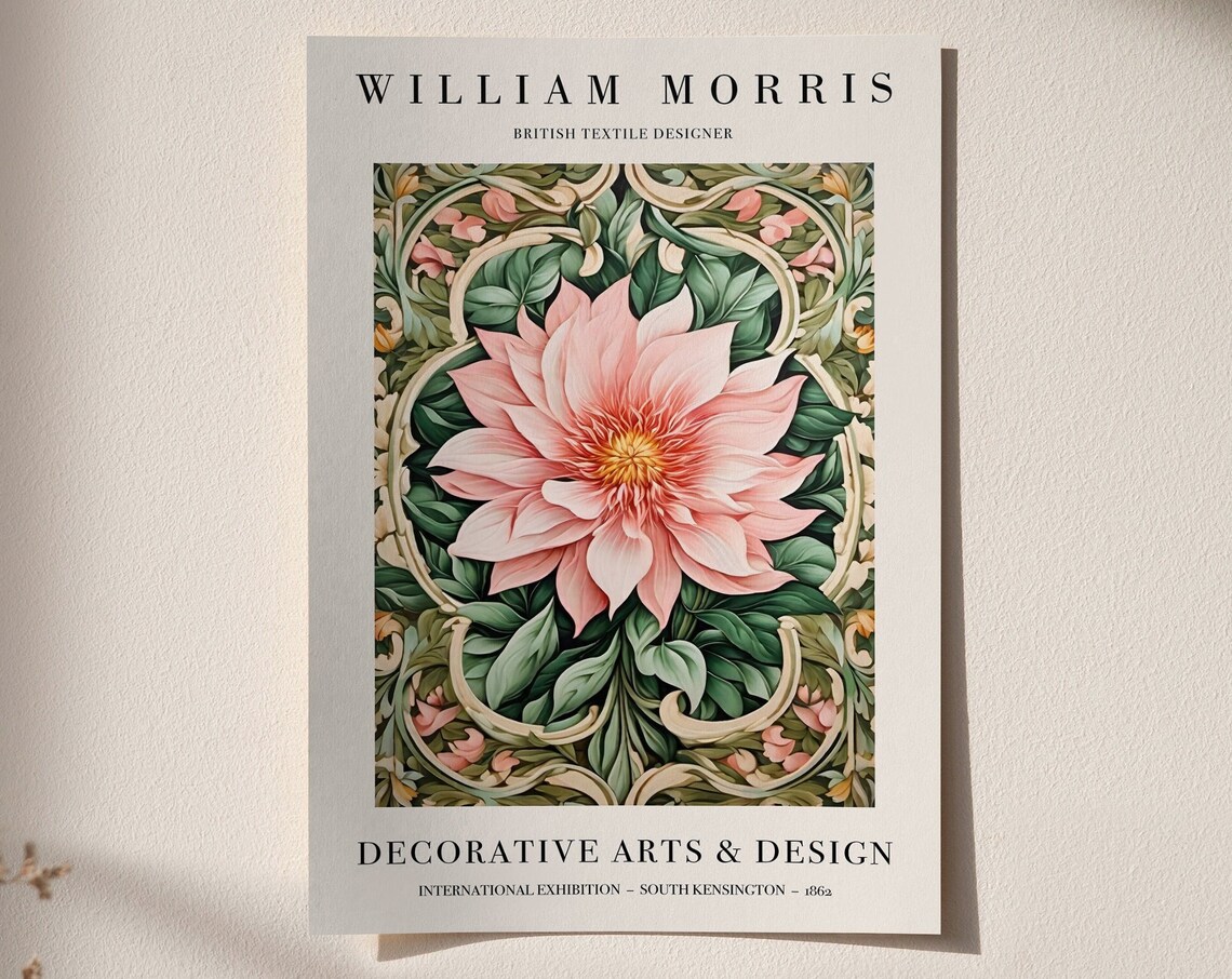 William Morris Pink Dahlia Floral Exhibition Style Art Poster - Image 6
