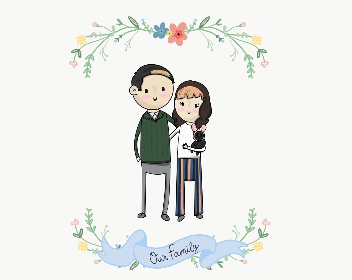 Custom Cartoon Family of Three Portrait with Ribbon Banner Poster - Image 3