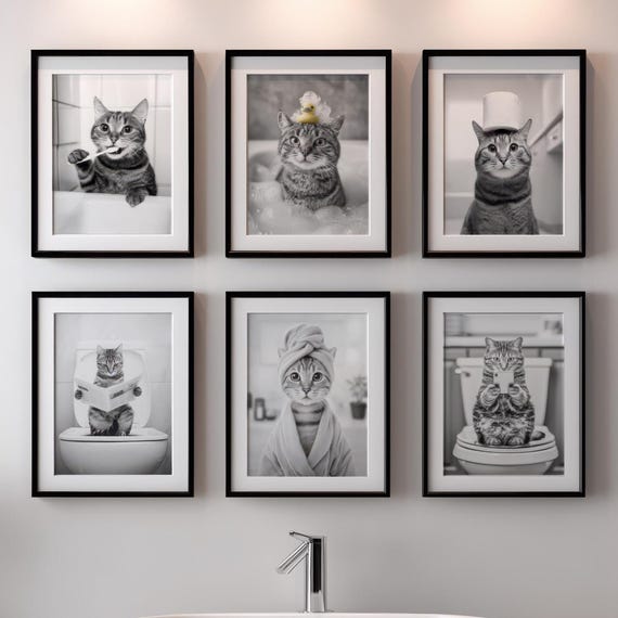 Funny Cat Bathroom Retro Style Art Print Set