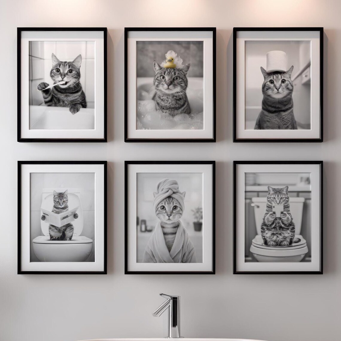 Funny Cat Bathroom Retro Style Art Print Set