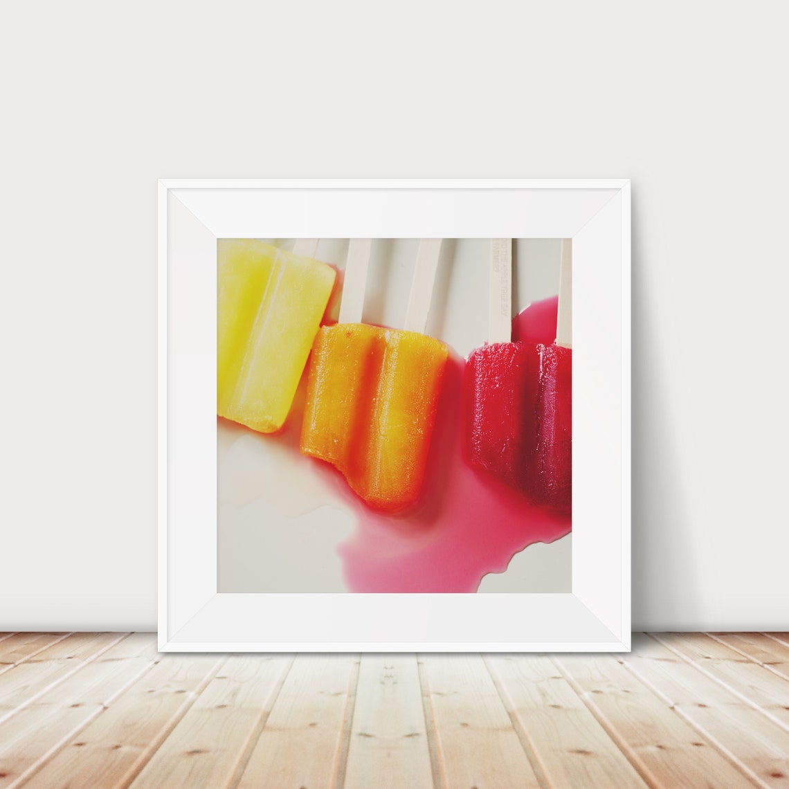 Melting Colorful Popsicles on White Background Food Photo Poster