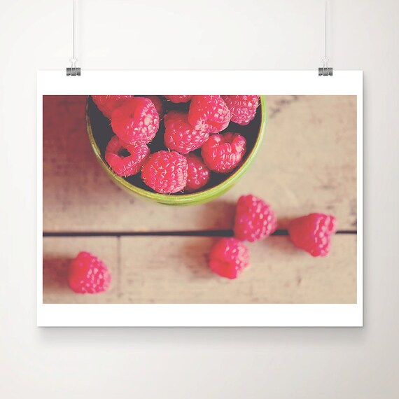 Fresh Raspberries Bowl Rustic Wooden Kitchen Photography Print
