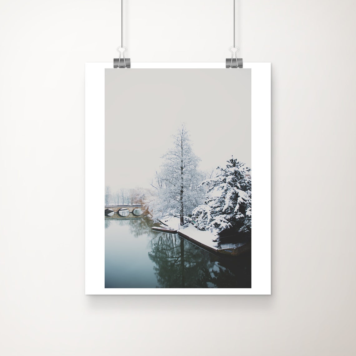 Cambridge England Snowy River Cam Stone Bridge Winter Photo Poster