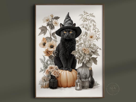 Witchy Black Cat Pumpkin Art Print Dark Academia Halloween Decor