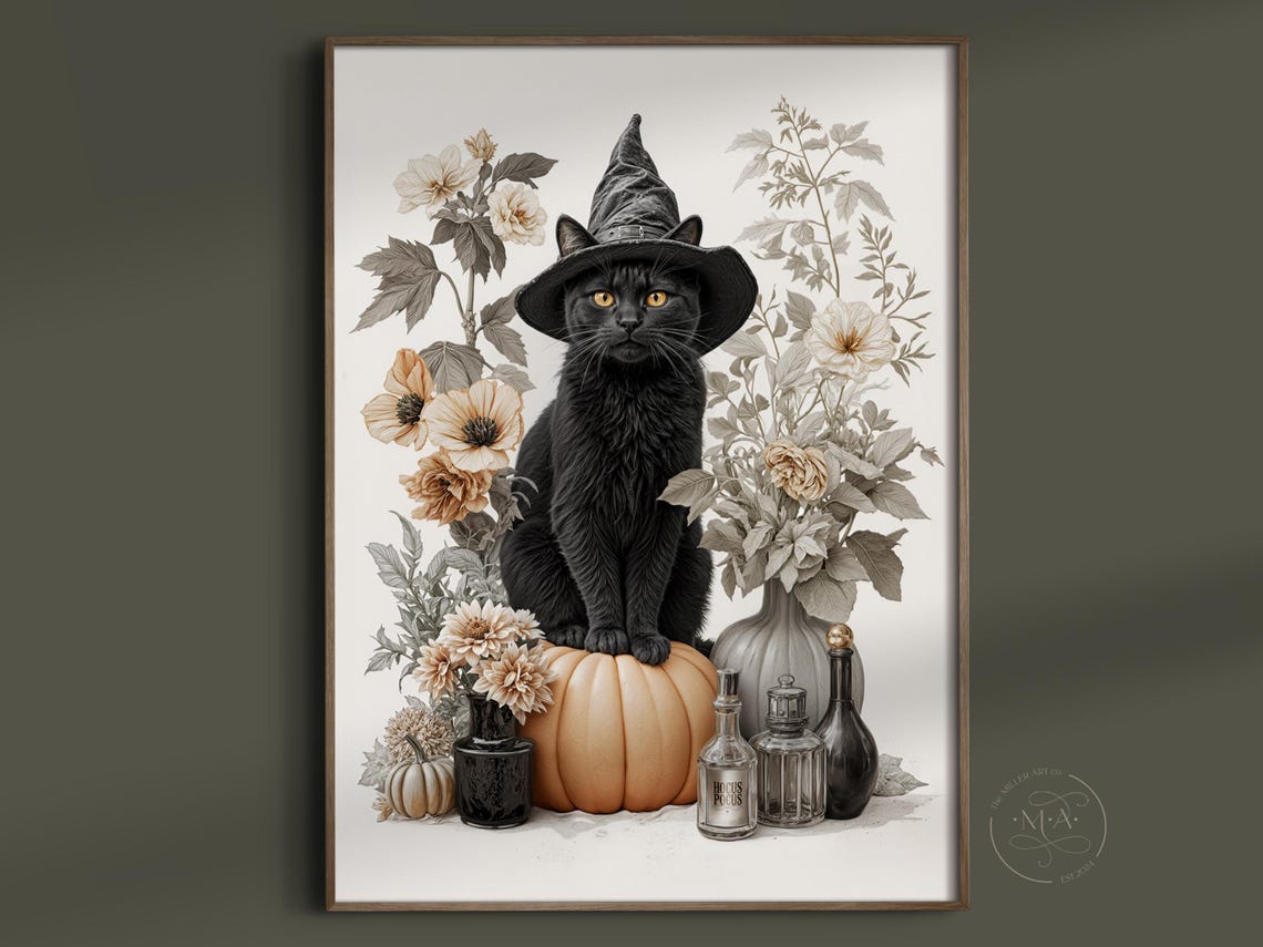 Witchy Black Cat Pumpkin Art Print Dark Academia Halloween Decor