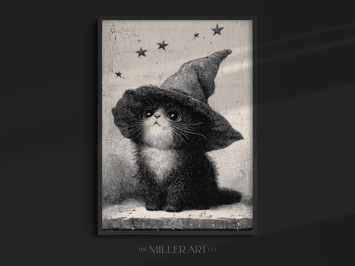 Halloween Kitten Art Print Black Cat Witch Hat Nursery Decor