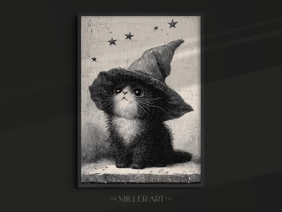Halloween Kitten Art Print Black Cat Witch Hat Nursery Decor