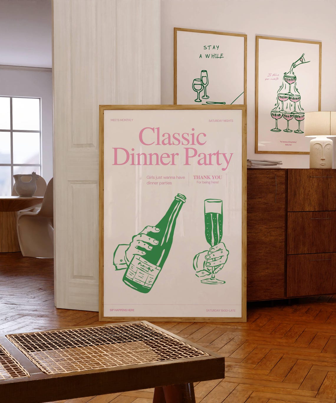 Classic Dinner Party Champagne Green Hands Festive Retro Poster - Image 5