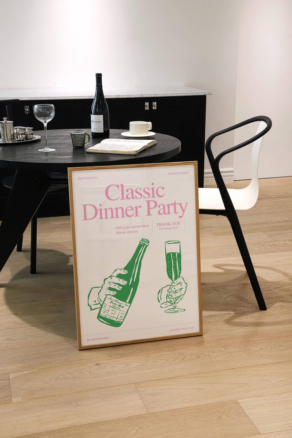 Classic Dinner Party Champagne Green Hands Festive Retro Poster - Image 3