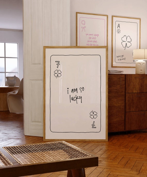 Lucky Girl Print Im So Poster Hand Drawn Illustration Four Leaf Clover Playing Cards Preppy Wall Art Girly Prints
