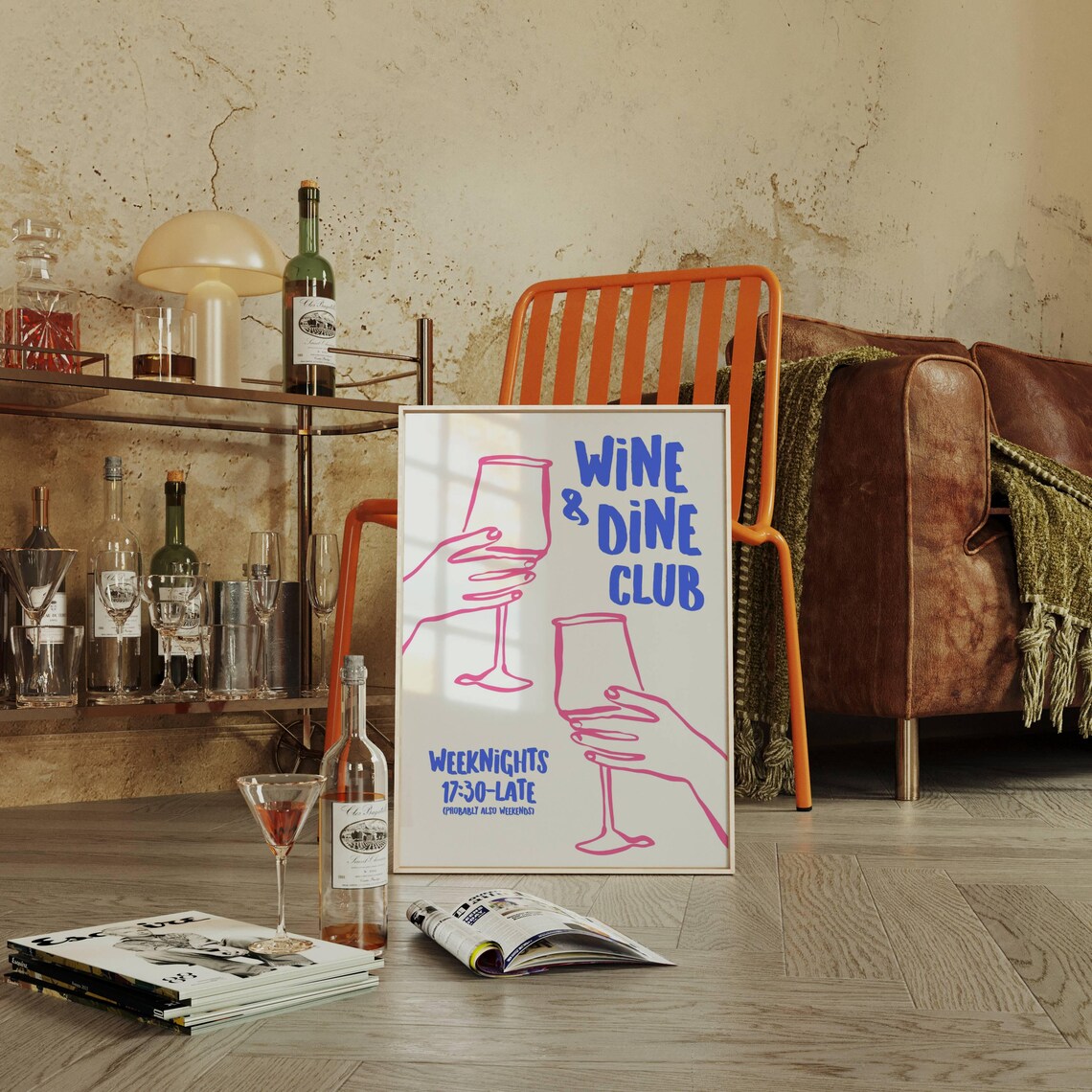 Wine and Dine Club Fun Pink Blue Line Art Weeknight Party Poster - Image 2