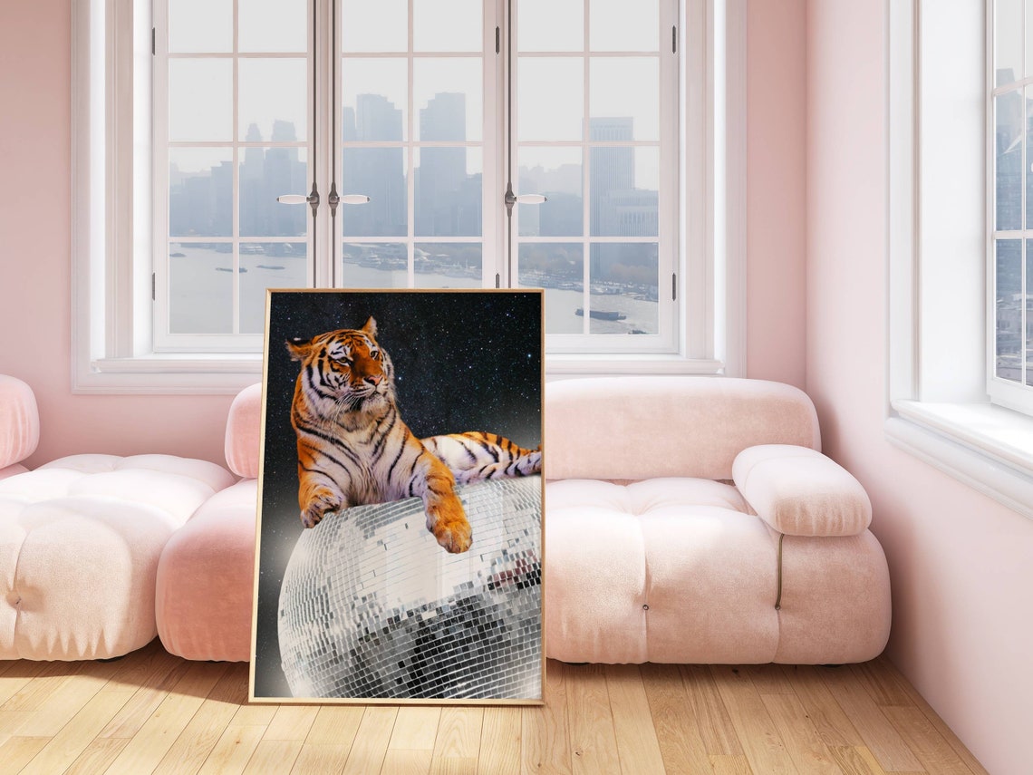 Tiger Lounging on Disco Ball Retro 70s Starry Night Fun Animal Poster