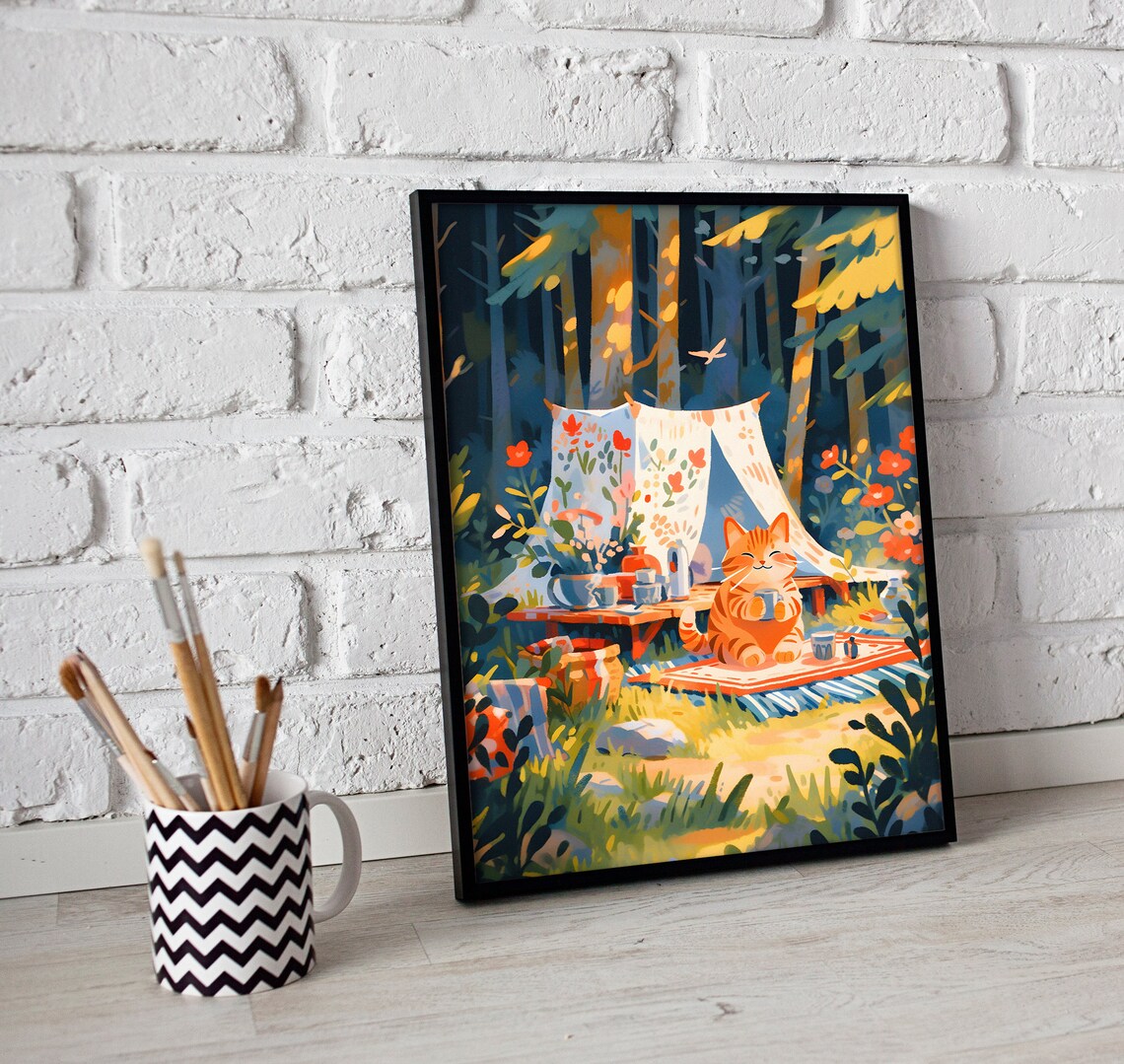 Tabby Cat Camping Spring Painting, Cute Cat Art Print - Image 3