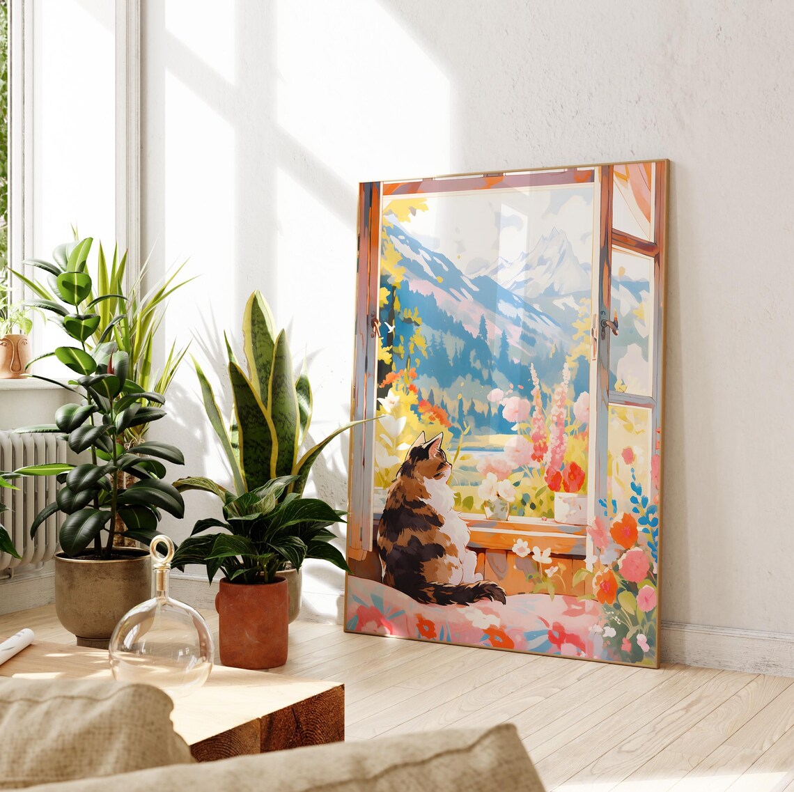 Longhair Cat Gazing at the Alps from a Flower-Filled Window Poster - Image 2
