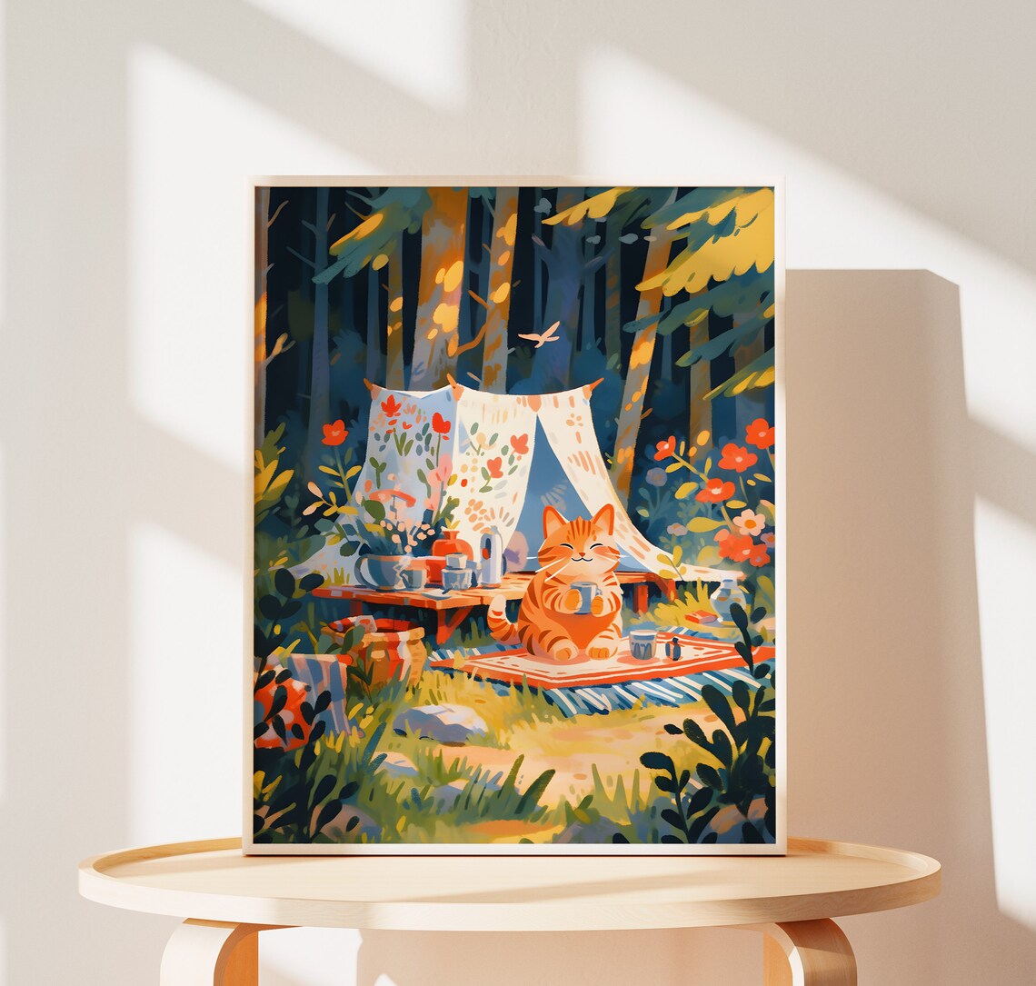 Tabby Cat Camping Spring Painting, Cute Cat Art Print