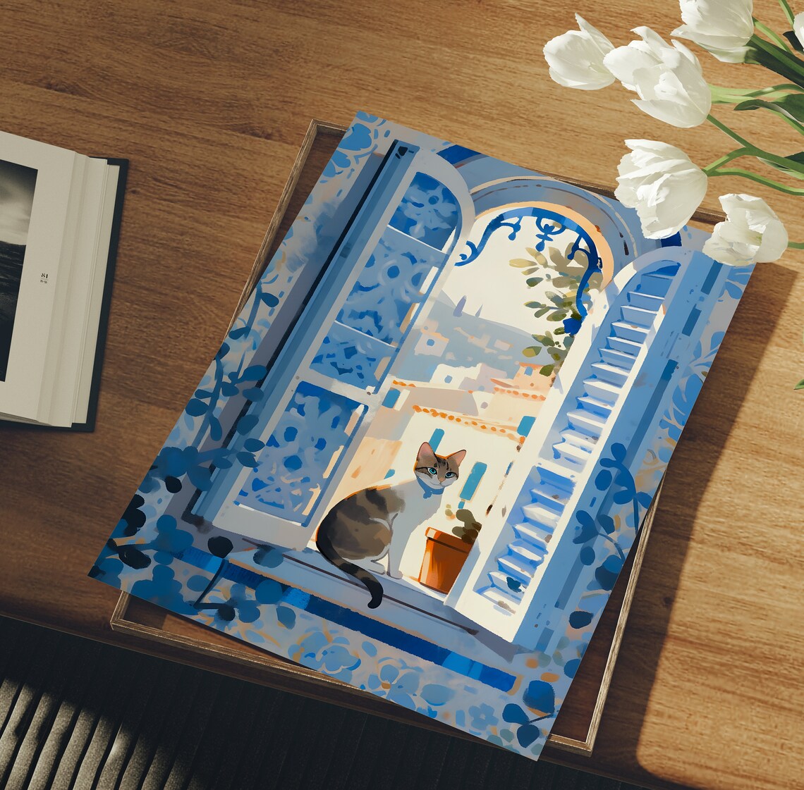Cute Cat Print, Chefchaouen Morocco Travel Art Print - Image 3