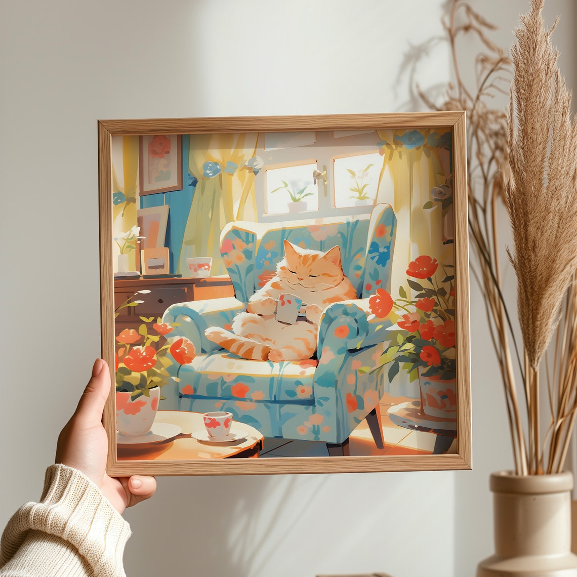 Ginger Cat Napping with Tea in a Blue Armchair Cozy Art Poster - Image 3