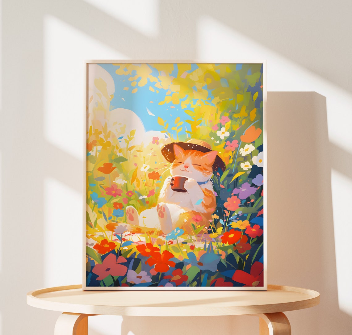 Ginger Cat Sipping Tea in a Sunny Flower-Filled Meadow Poster