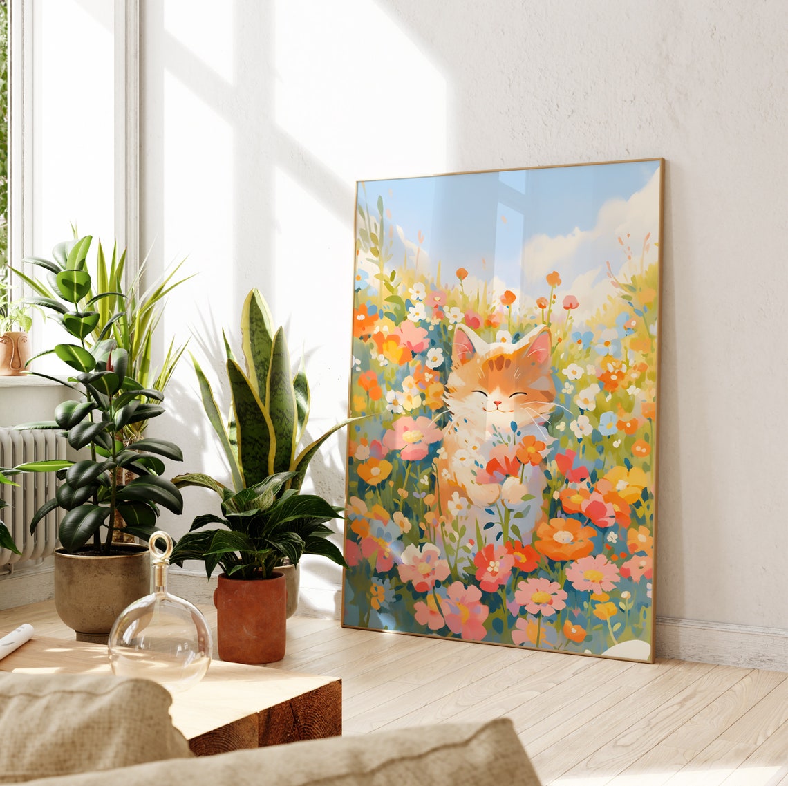 Happy Kitten Smiling in a Colorful Wildflower Meadow Art Poster - Image 2