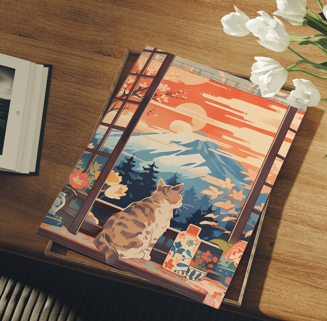 Cute Cat at Mount Fuji, Japan Holiday Art Print - Image 3