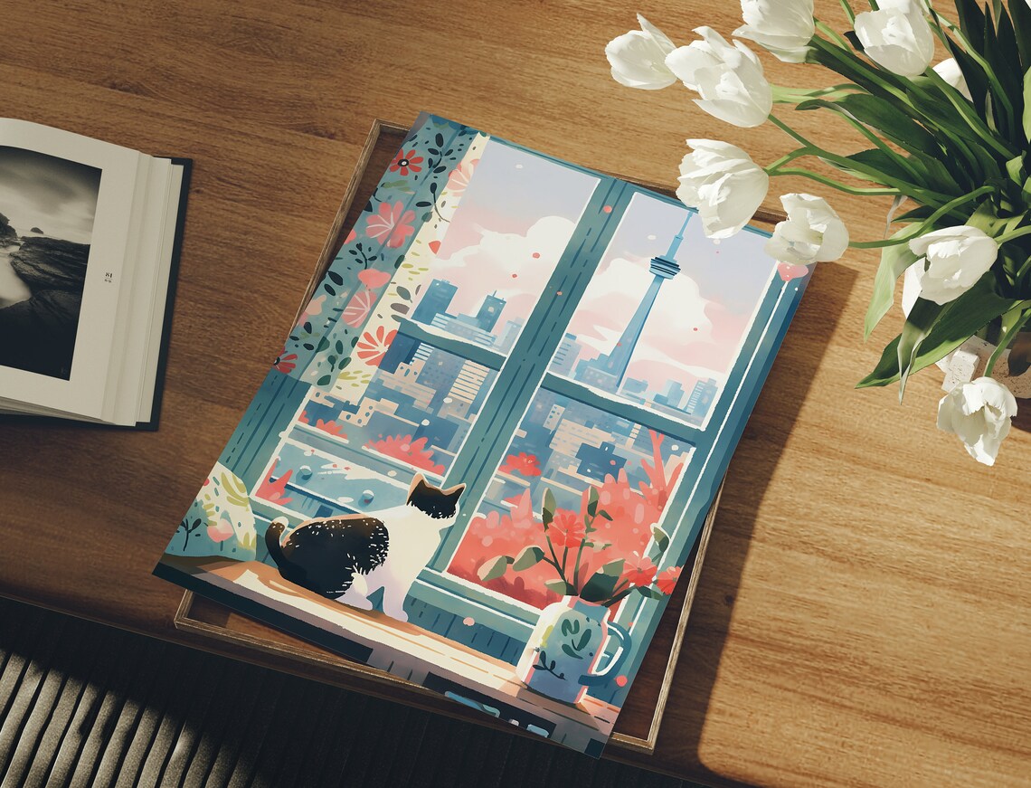 Cute Cat and CN Tower Poster, Toronto Christmas Gift - Image 3