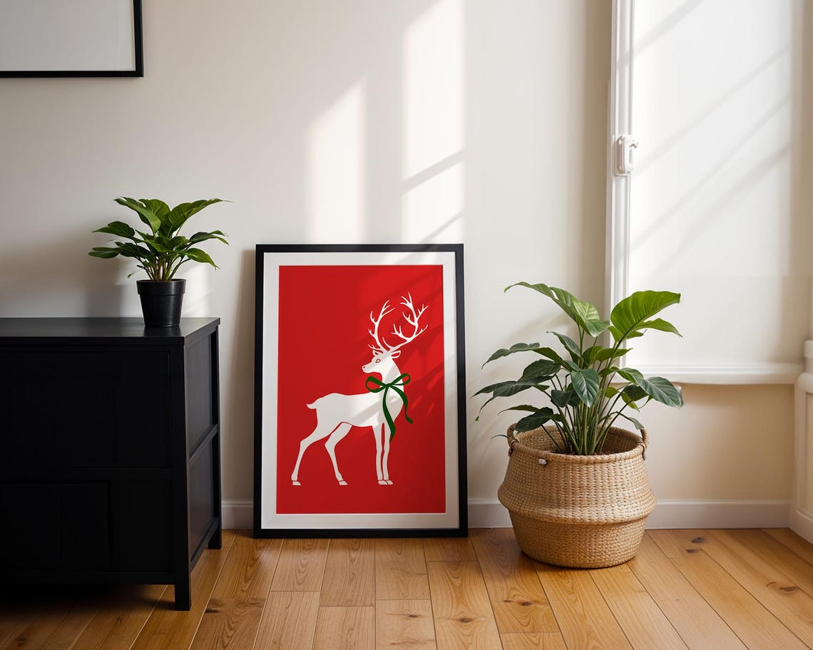 White Deer Green Bow Silhouette Bold Red Christmas Art Poster