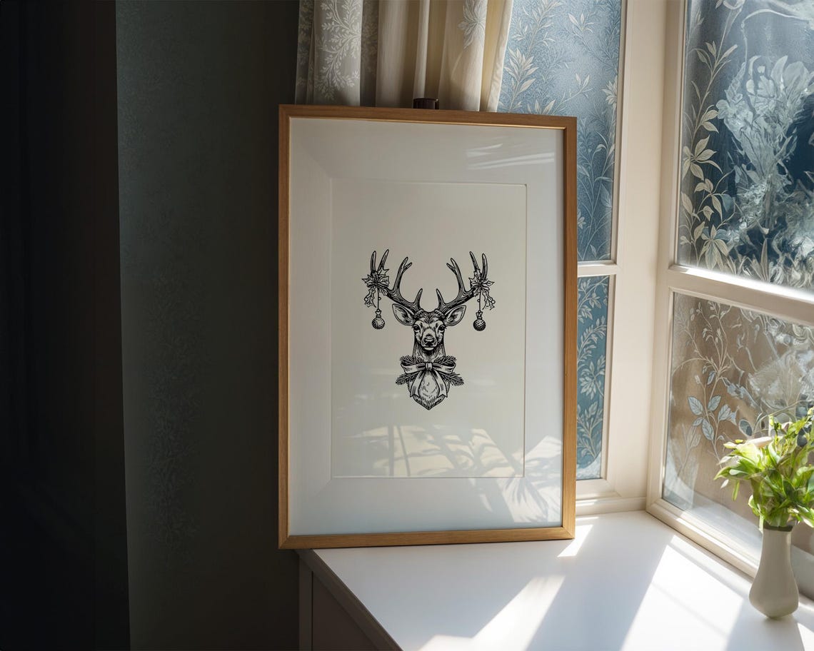 Black and White Christmas Deer Head Ornaments Elegant Art Poster - Image 2