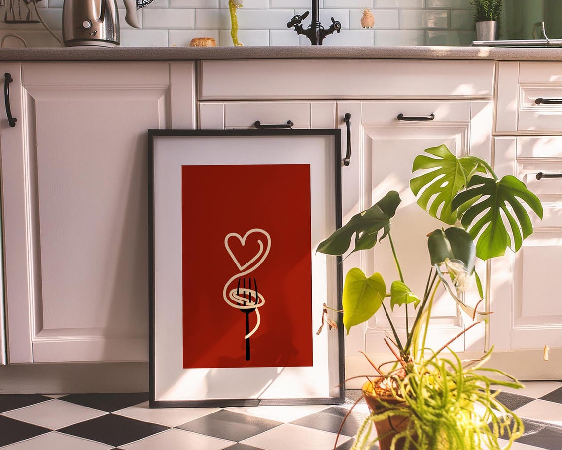 Spaghetti Fork Heart on Red Retro Pasta Lover Kitchen Poster - Image 4