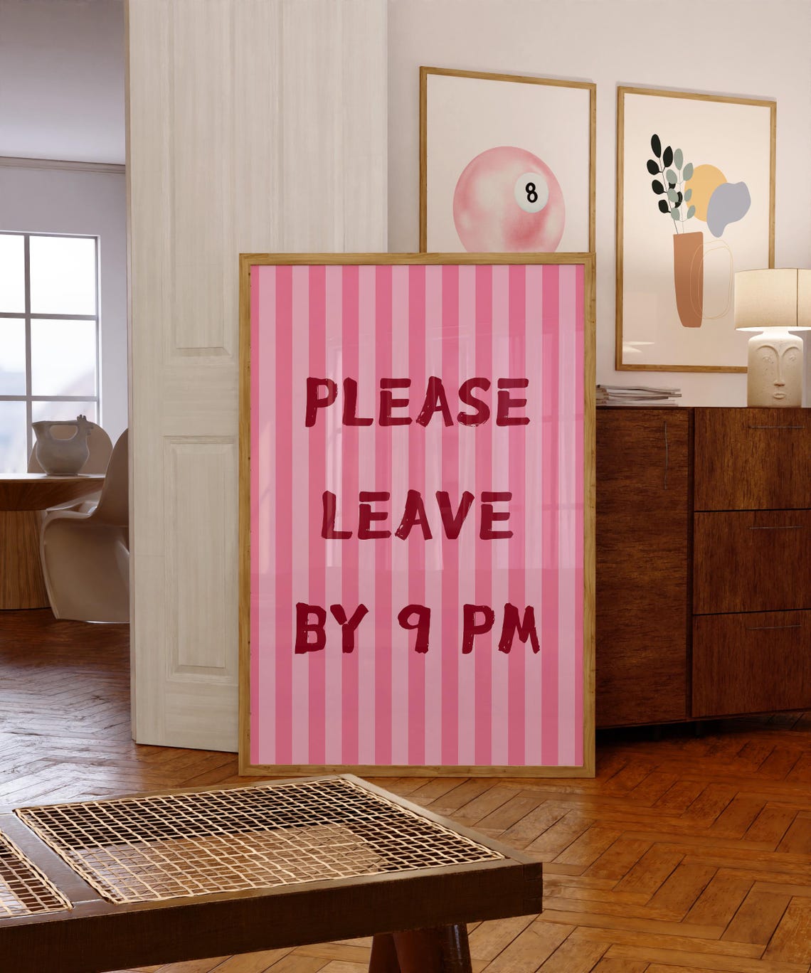 Please Leave By 9 PM Bold Red on Pink Striped Funny Guest Poster