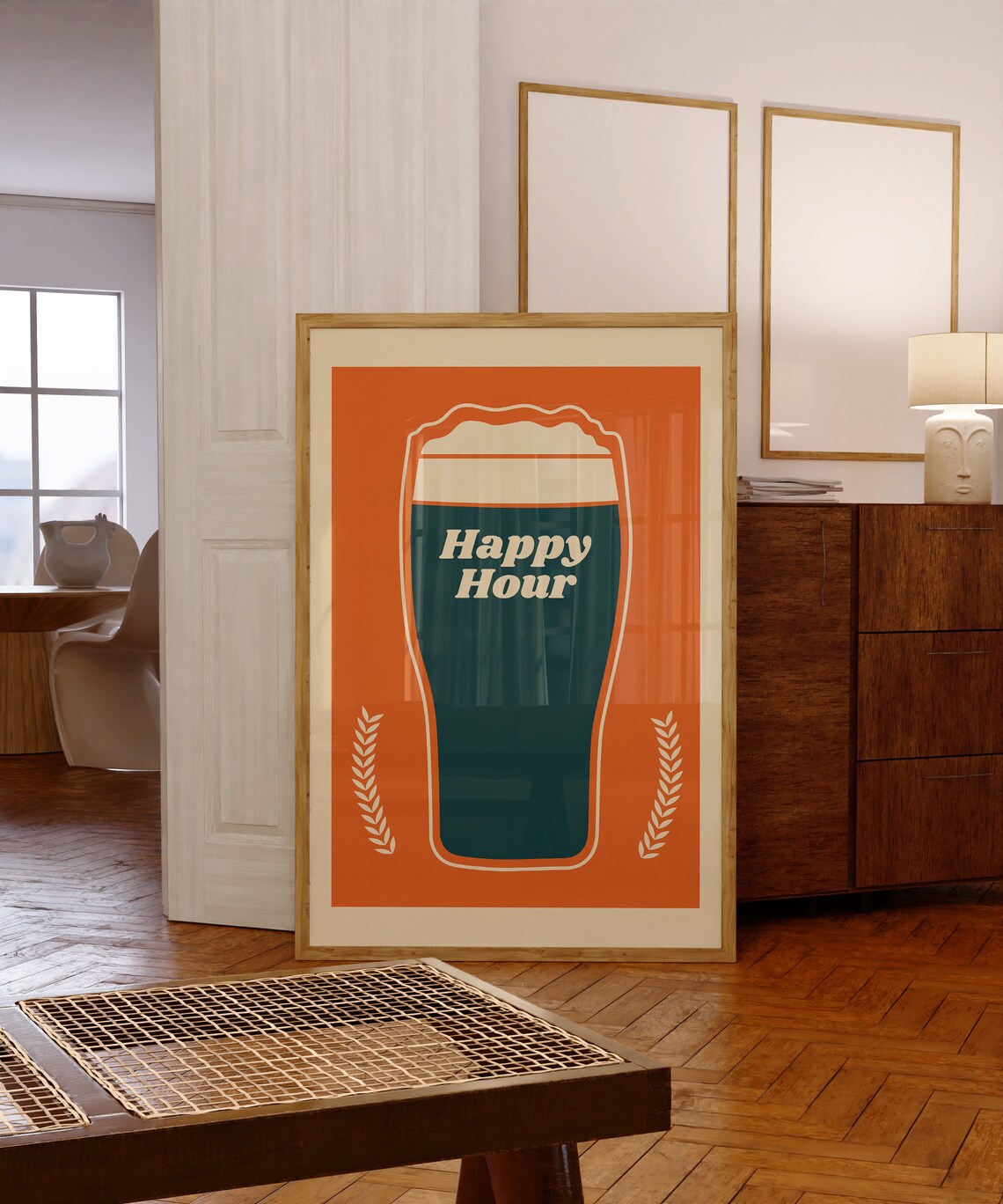 Happy Hour Beer Glass Retro Orange Vintage Bar Cart Art Poster - Image 2