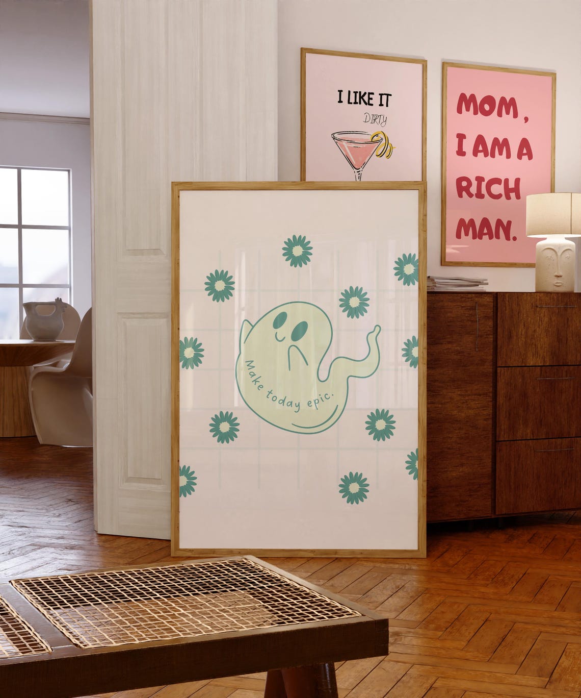 Make Today Epic Adorable Mint Ghost with Teal Flowers Poster