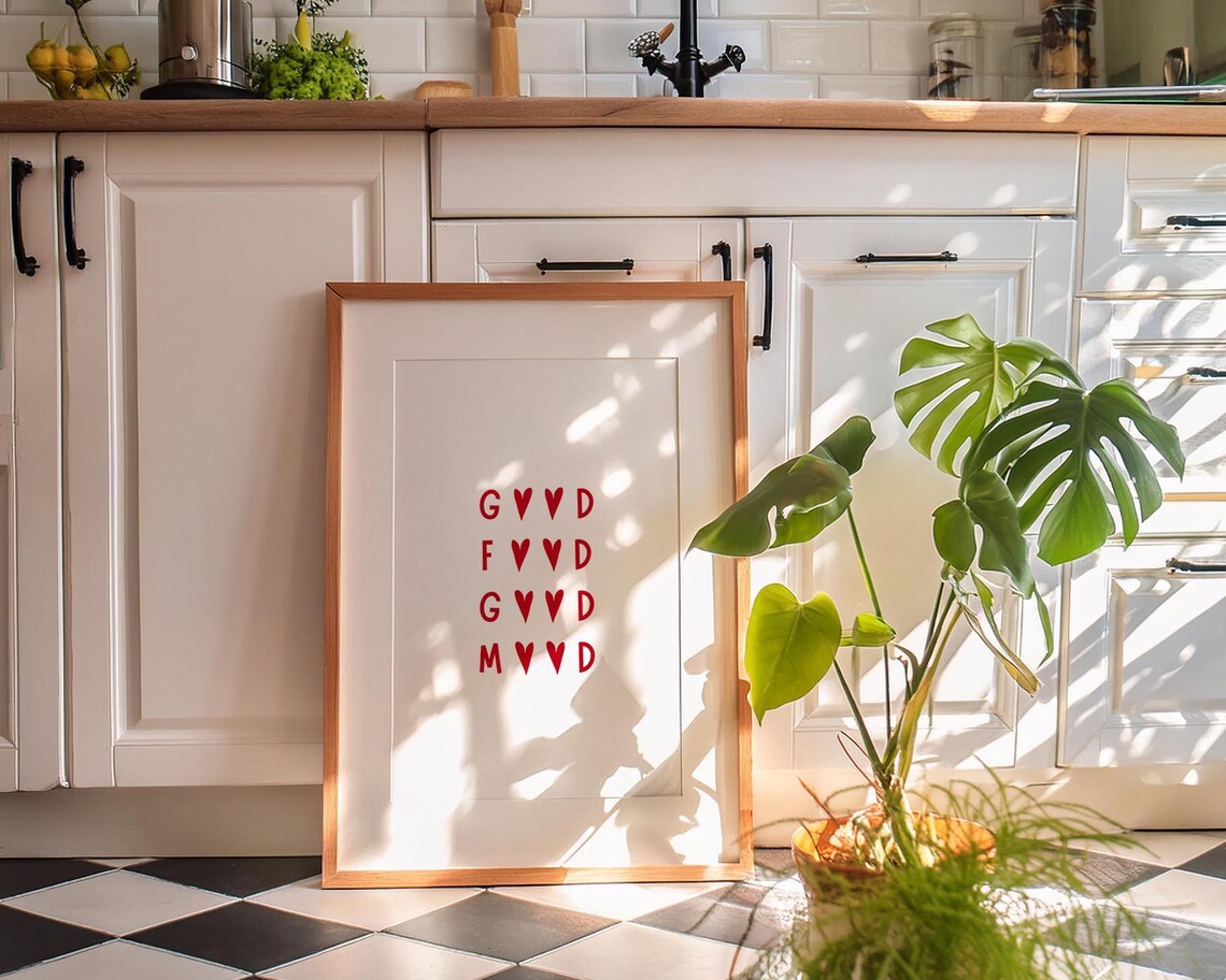 Good Food Good Mood Red Heart Letters Sweet Kitchen Quote Poster - Image 3