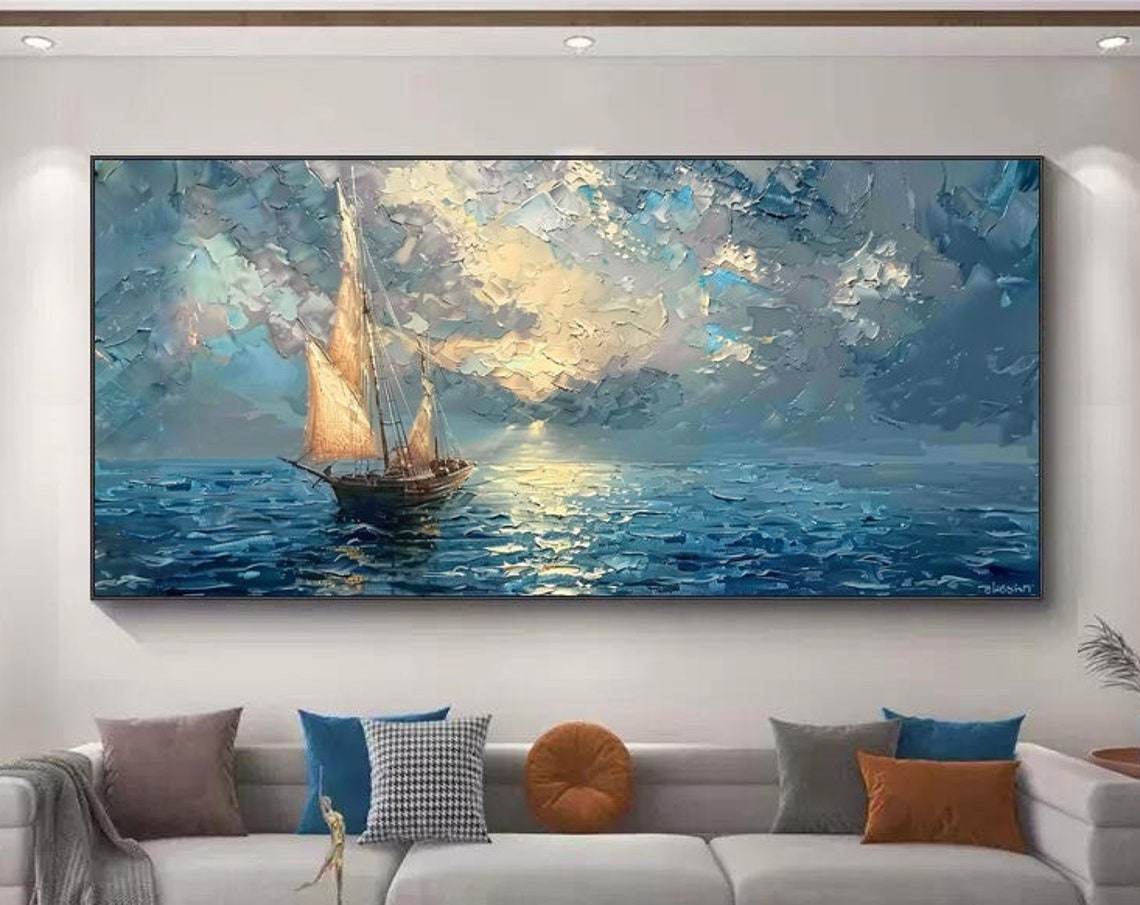 Sailboat With Golden Sails Crossing Sunrise Sea Panoramic Art Poster