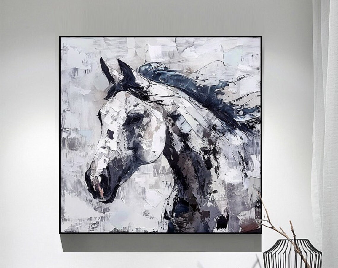 Gray White Horse Portrait Thick Palette Knife Expressive Art Poster