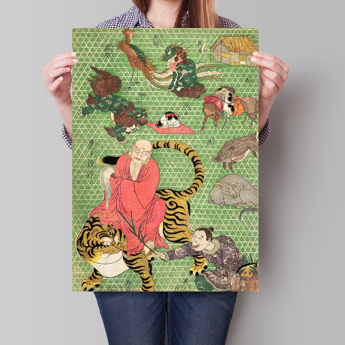 Japanese Daoist Immortal Riding Tiger Mythical Beasts Woodblock Poster - Image 4