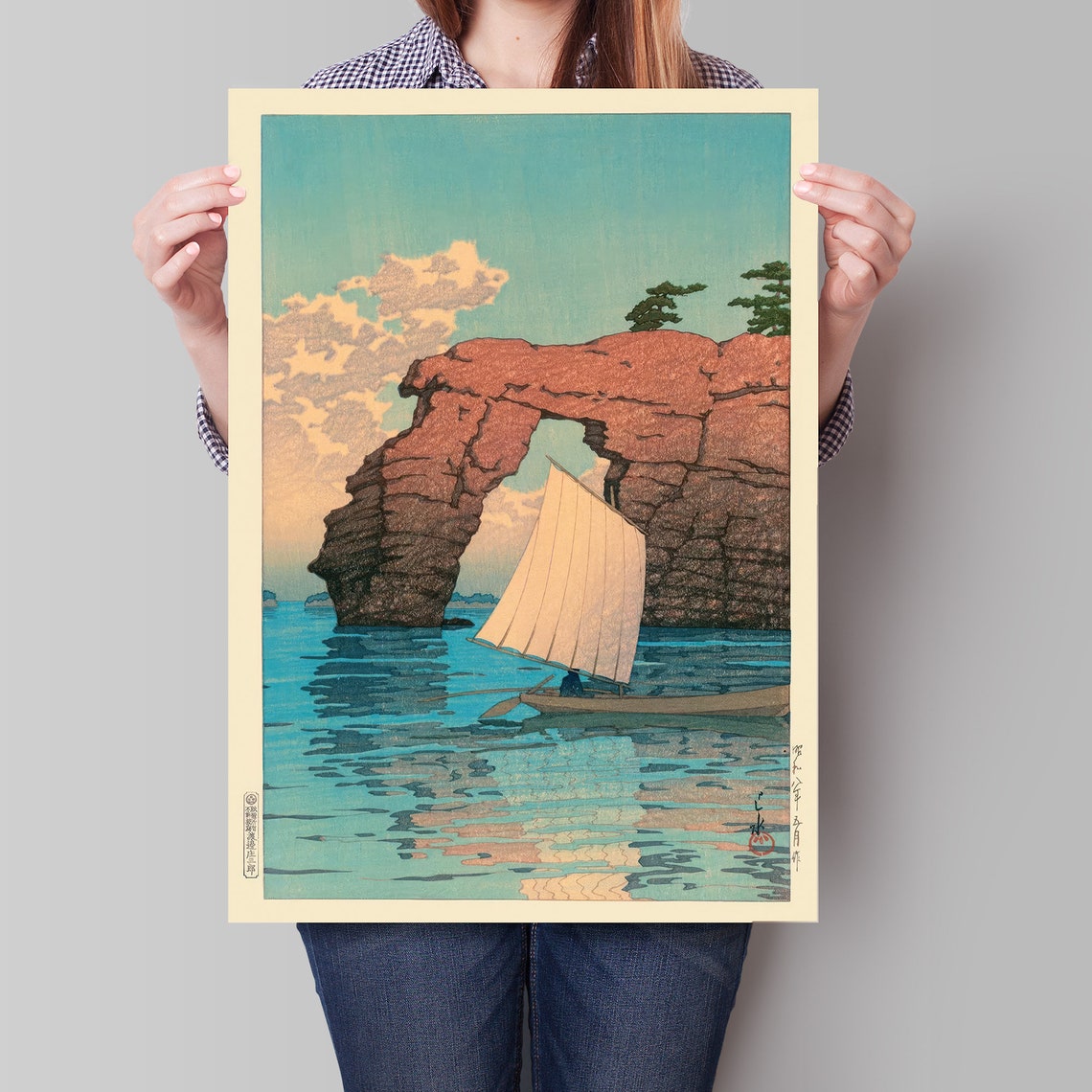 Japanese Stone Arch Sea Sailboat Woodblock Style Coastal Poster - Image 4