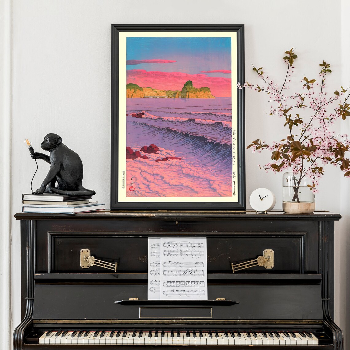 Japanese Pink Sunrise Sea Waves Woodblock Style Morning Poster - Image 3