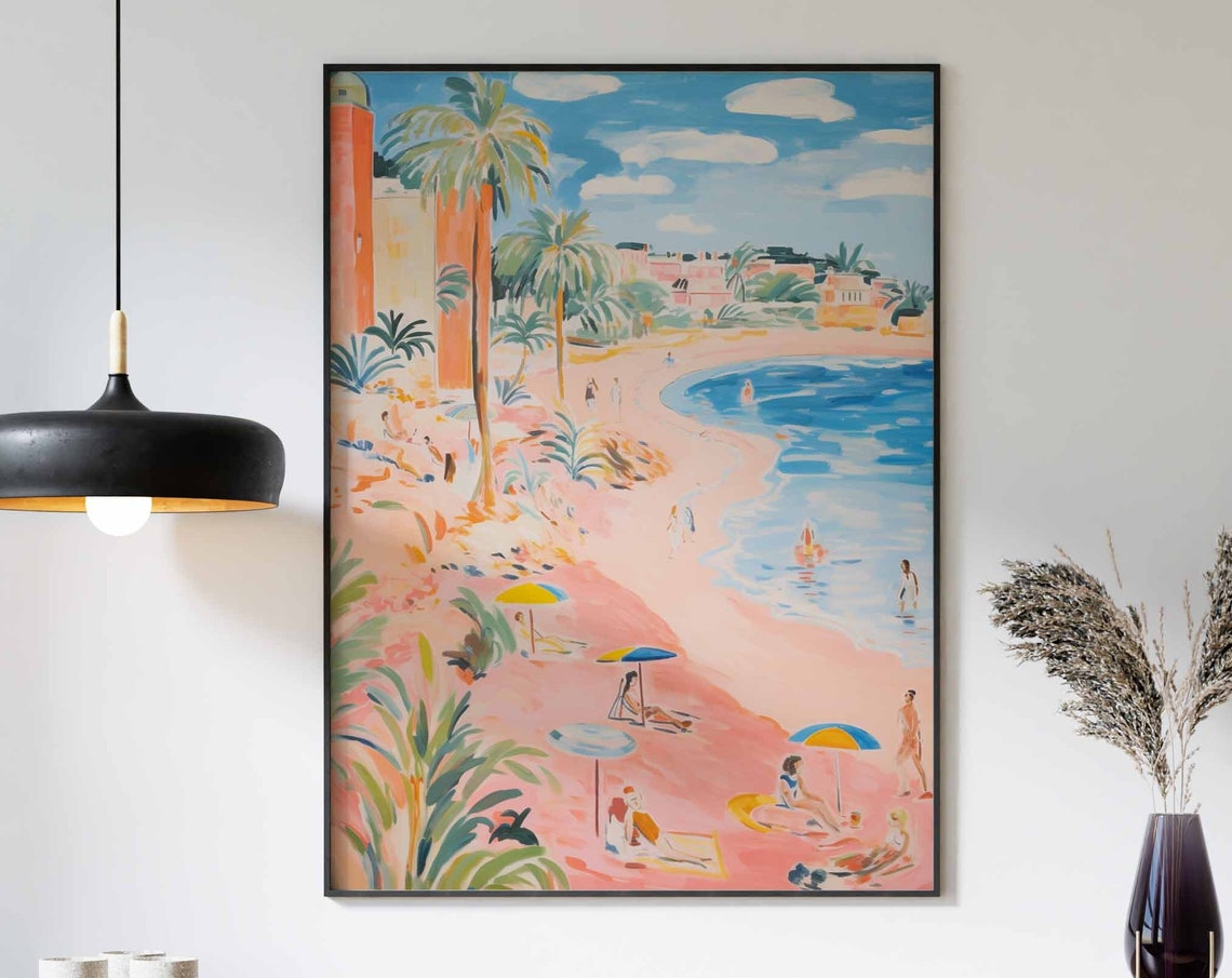 Curved Pink Sand Beach Palm Day Pastel Building Scene Poster