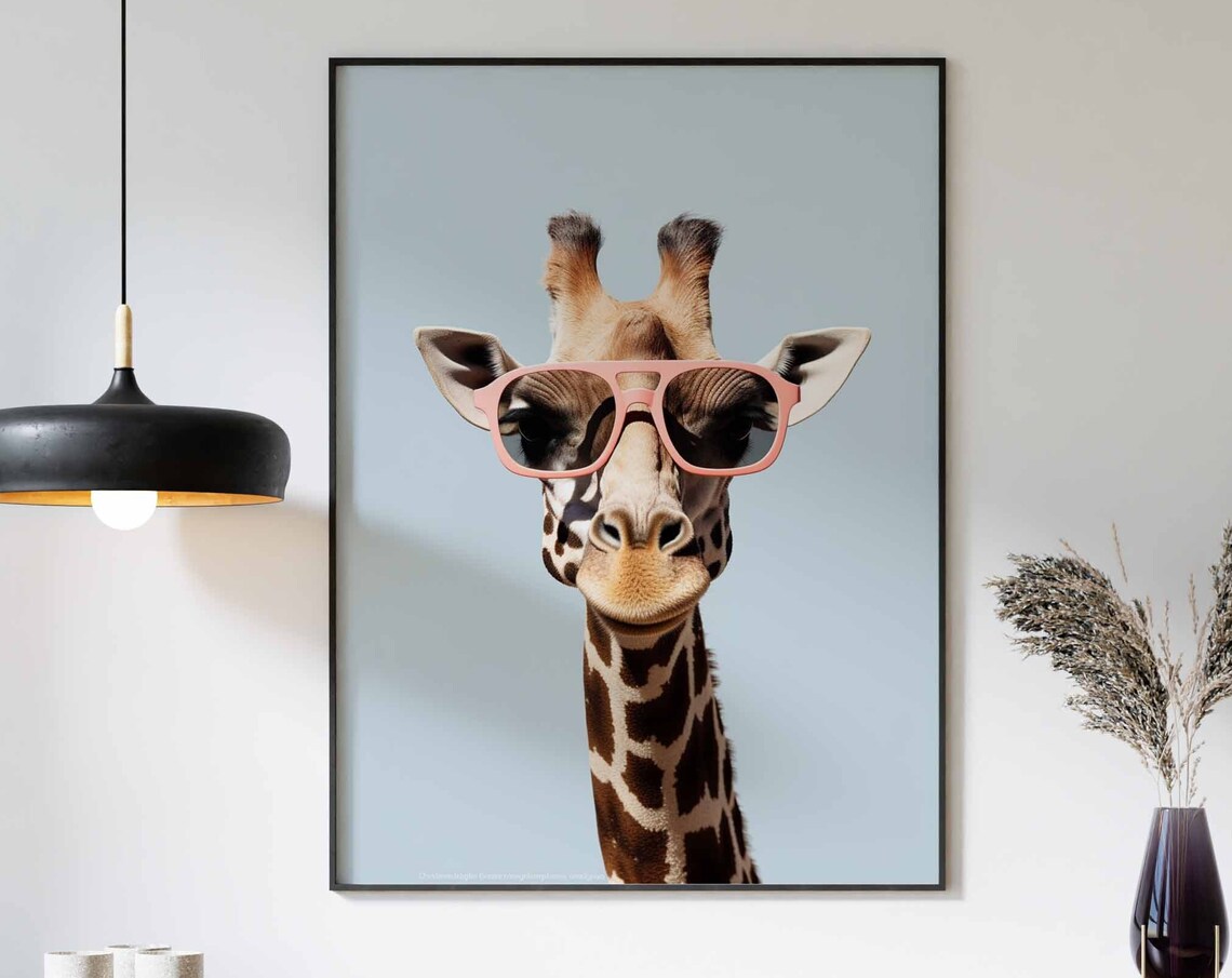 Charming Giraffe in Pink Sunglasses on Light Blue Background Poster